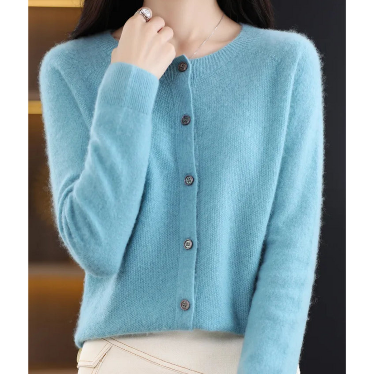 Penelope | Women's Fuzzy Merino Wool Cardigan Round Neck Button Front