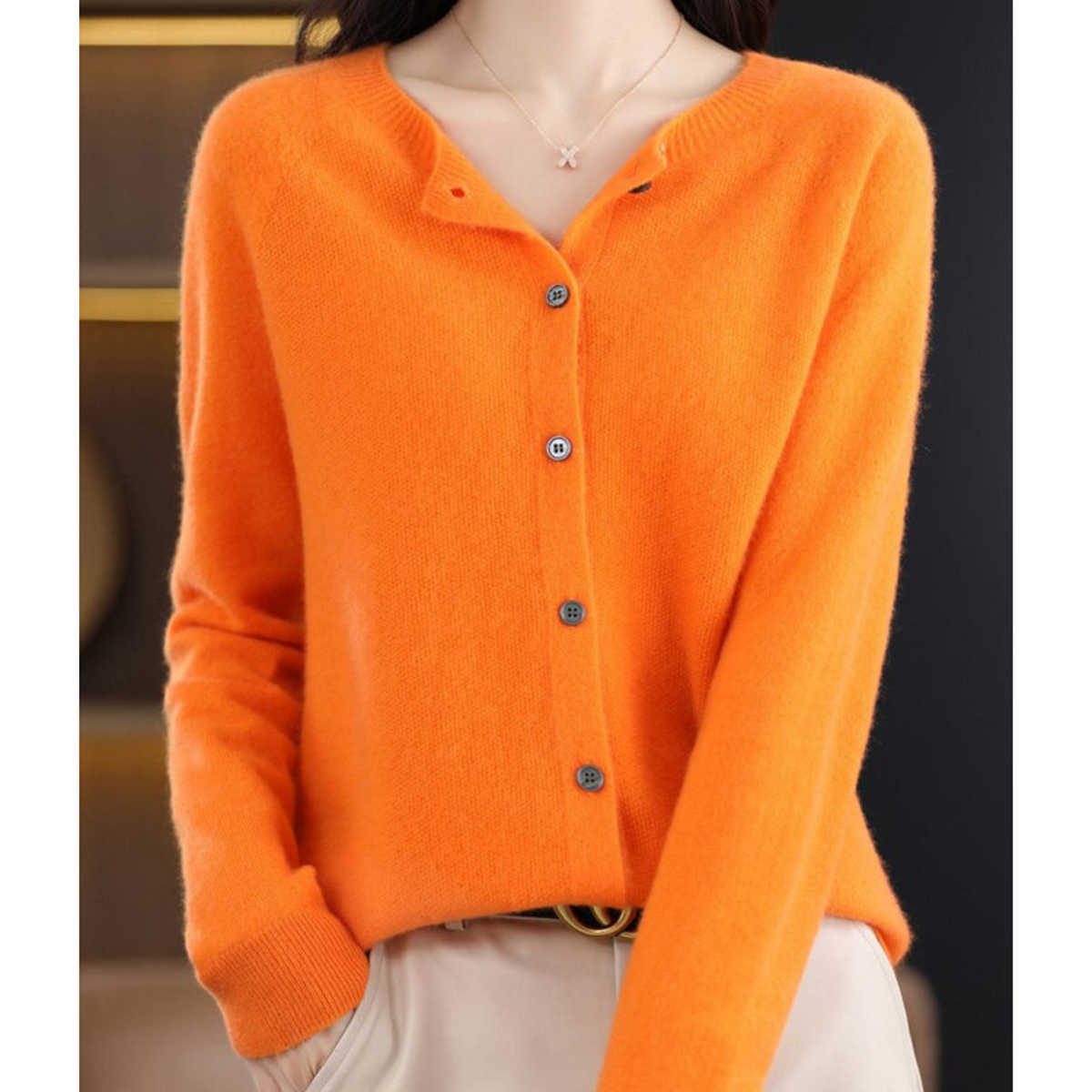 Penelope | Women's Fuzzy Merino Wool Cardigan Round Neck Button Front