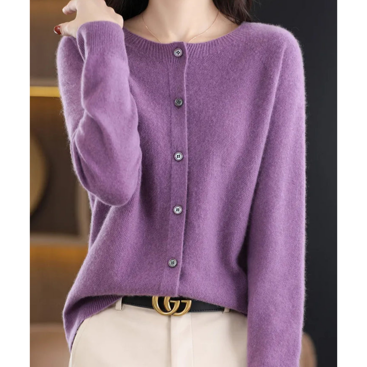 Penelope | Women's Fuzzy Merino Wool Cardigan Round Neck Button Front