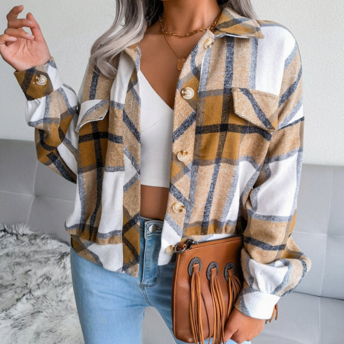 Penelope | Women's Oversized Checkered Cardigan Knit Flannel Shacket