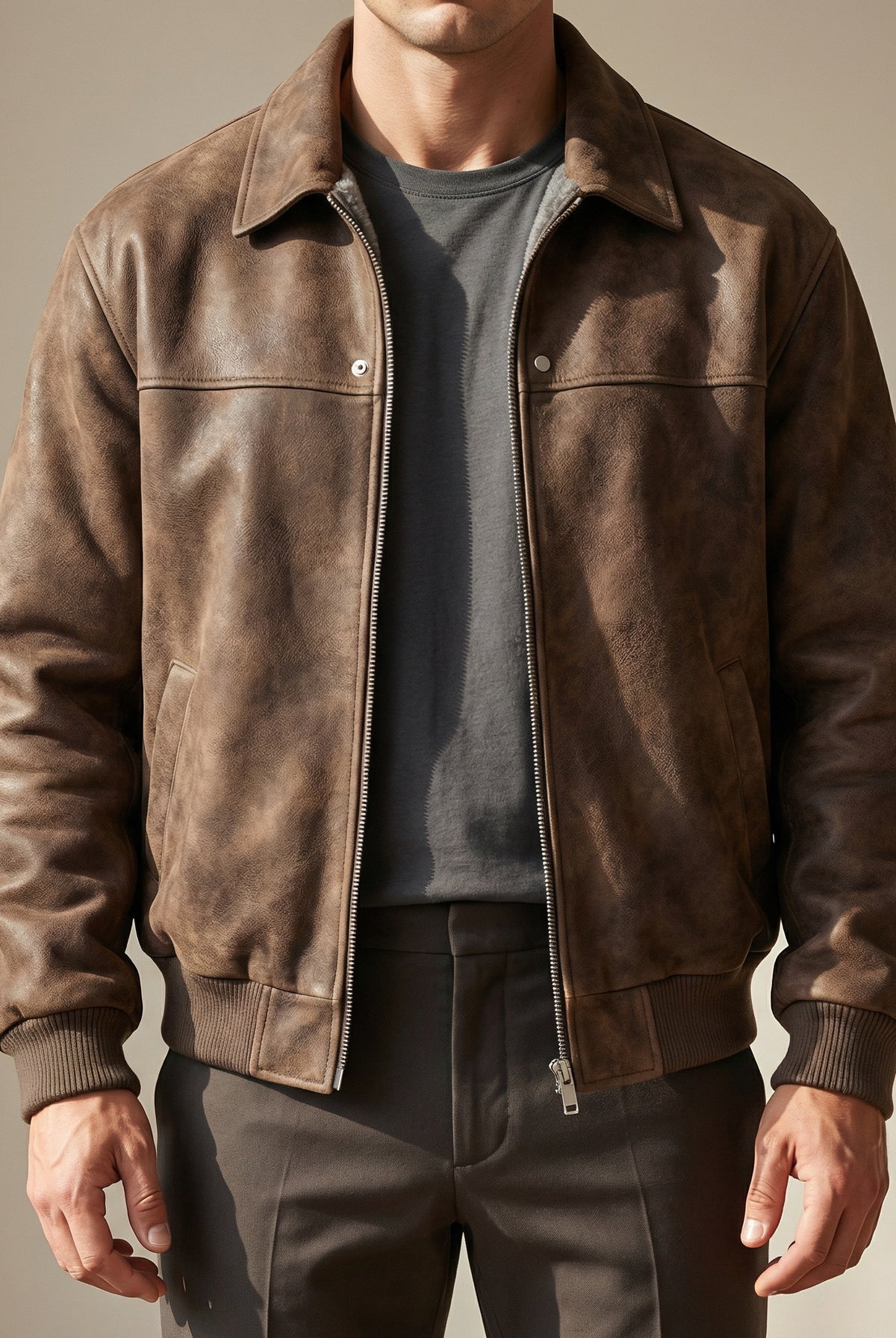 Robert | Men's Leather Bomber Jacket Lapel Collar