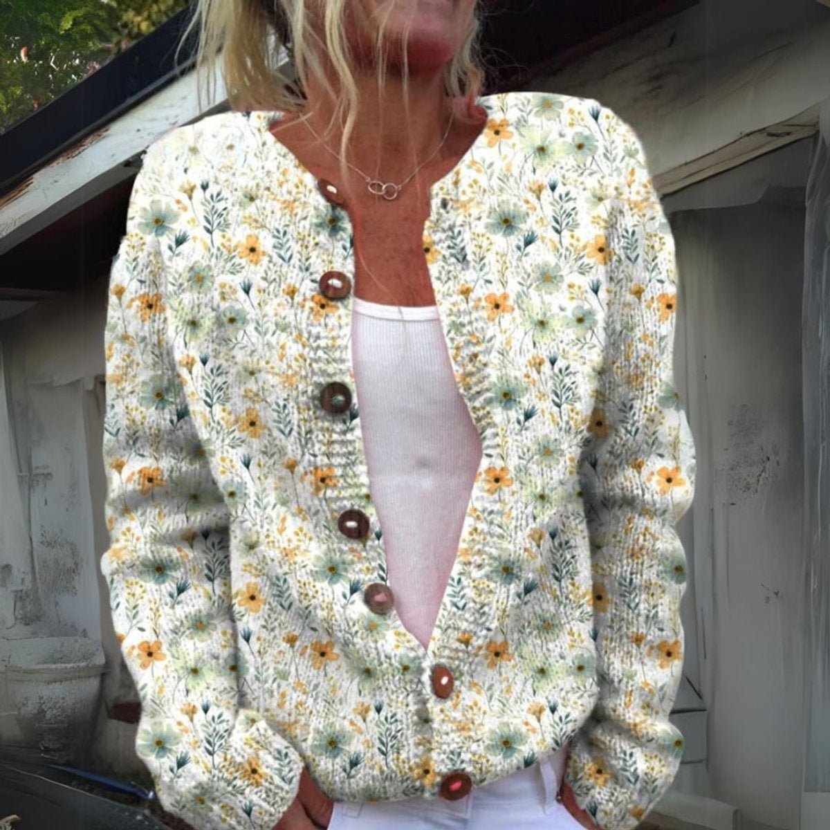 Layla | Women's Floral Knit Cardigan Wooden Buttons