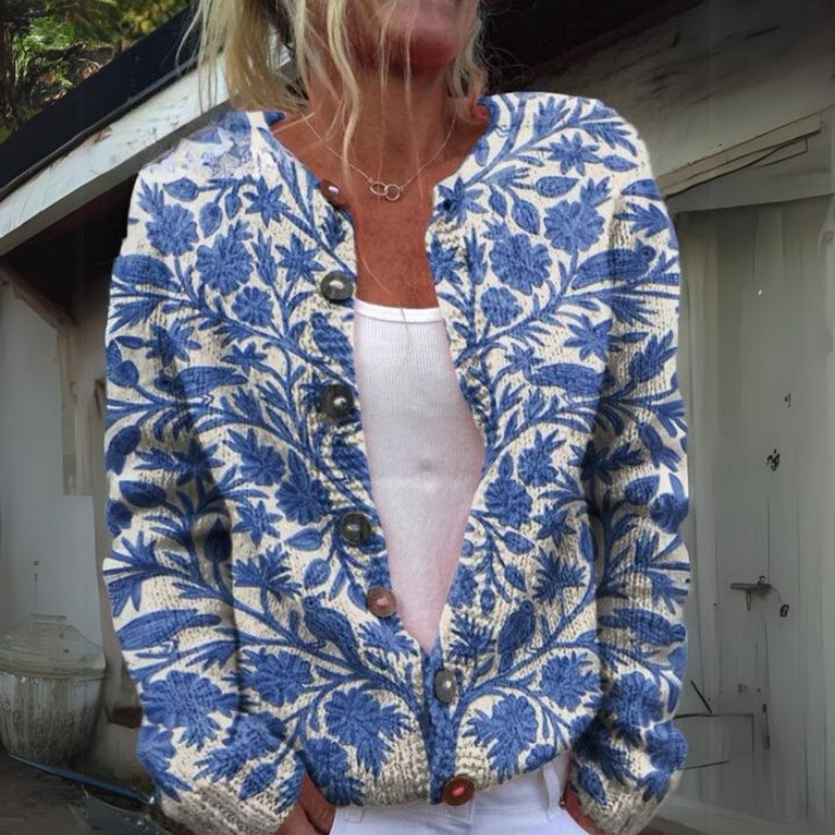 Layla | Women's Floral Knit Cardigan Wooden Buttons