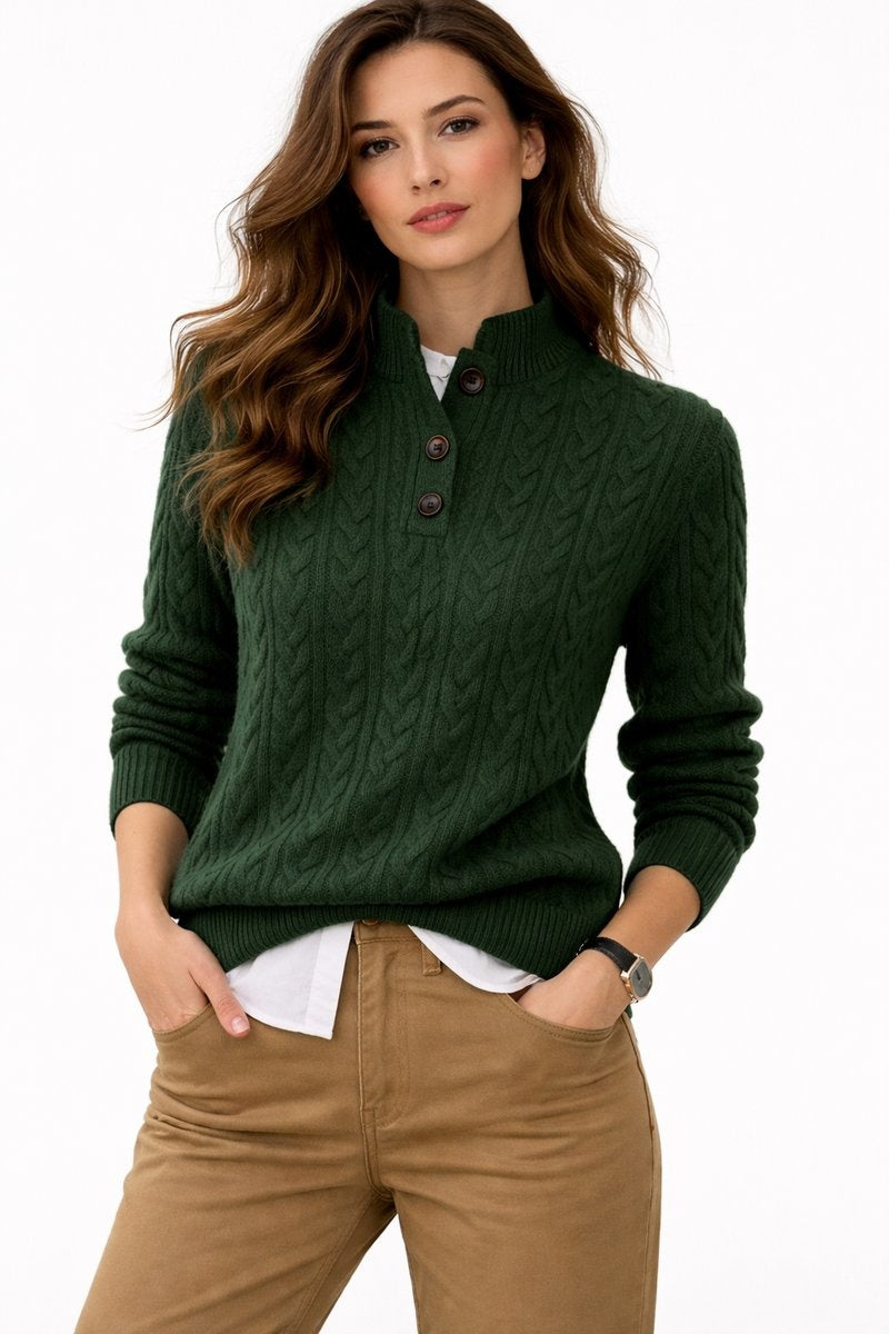 Bella | Women's Wool Blend Cable Knit Sweater Turtleneck Buttons
