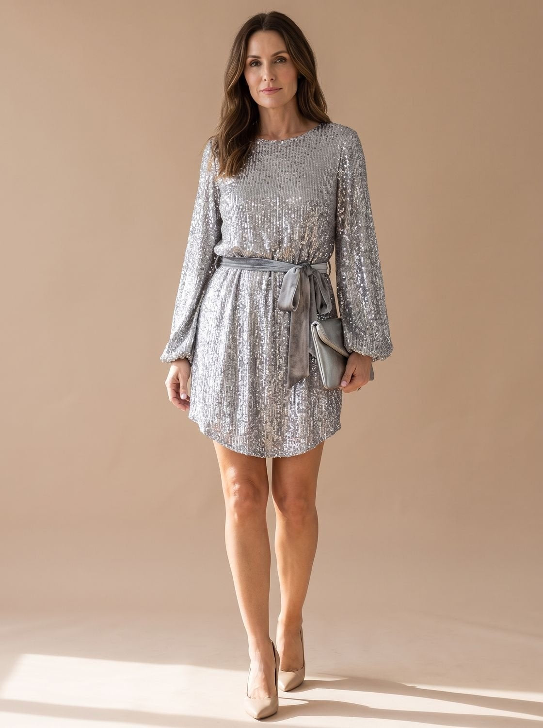 Violet | Women's Long Sleeve Sequin Cocktail Dress with Belt