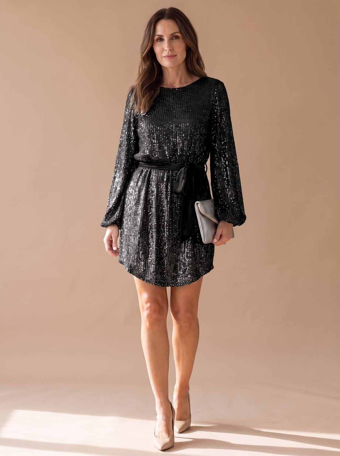 Violet | Women's Long Sleeve Sequin Cocktail Dress with Belt