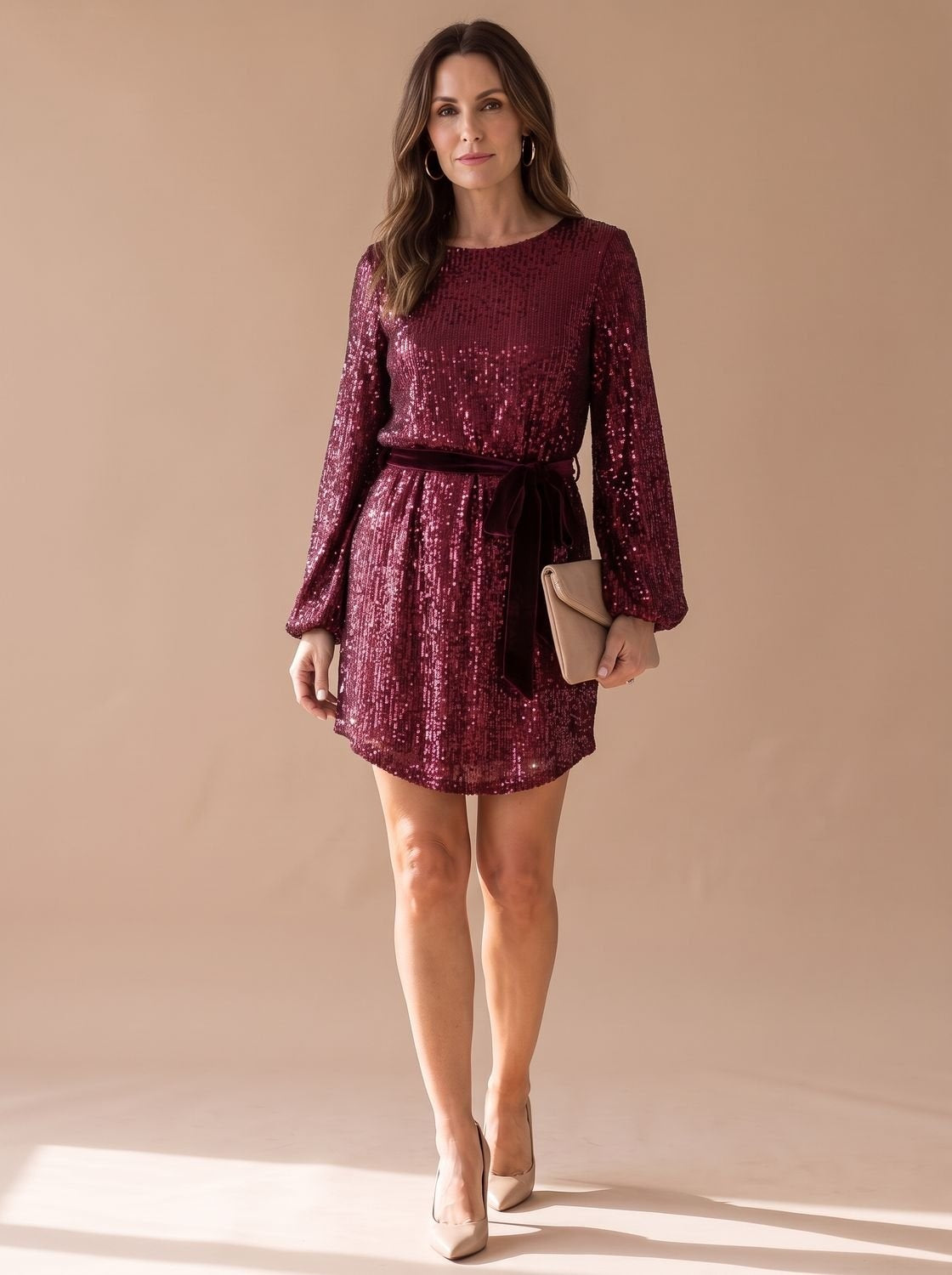 Violet | Women's Long Sleeve Sequin Cocktail Dress with Belt