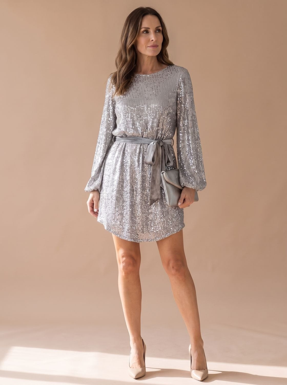 Violet | Women's Long Sleeve Sequin Cocktail Dress with Belt