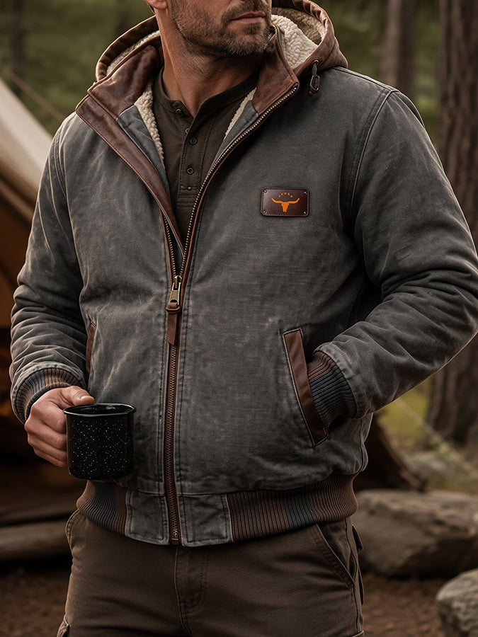 William | Men's Sherpa Jacket with Hood Leather-Look Trim