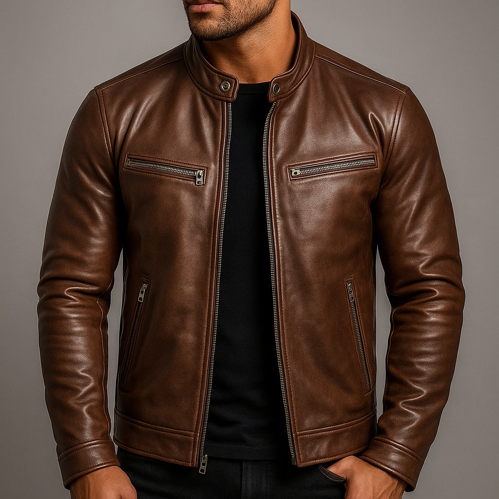 Joshua | Men's Leather Jacket Band Collar Zipper