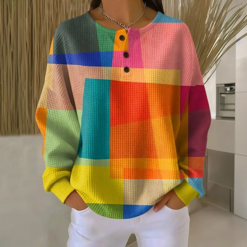 Ava | Women's Cute Henley Sweatshirt Waffle Knit Geometric Print