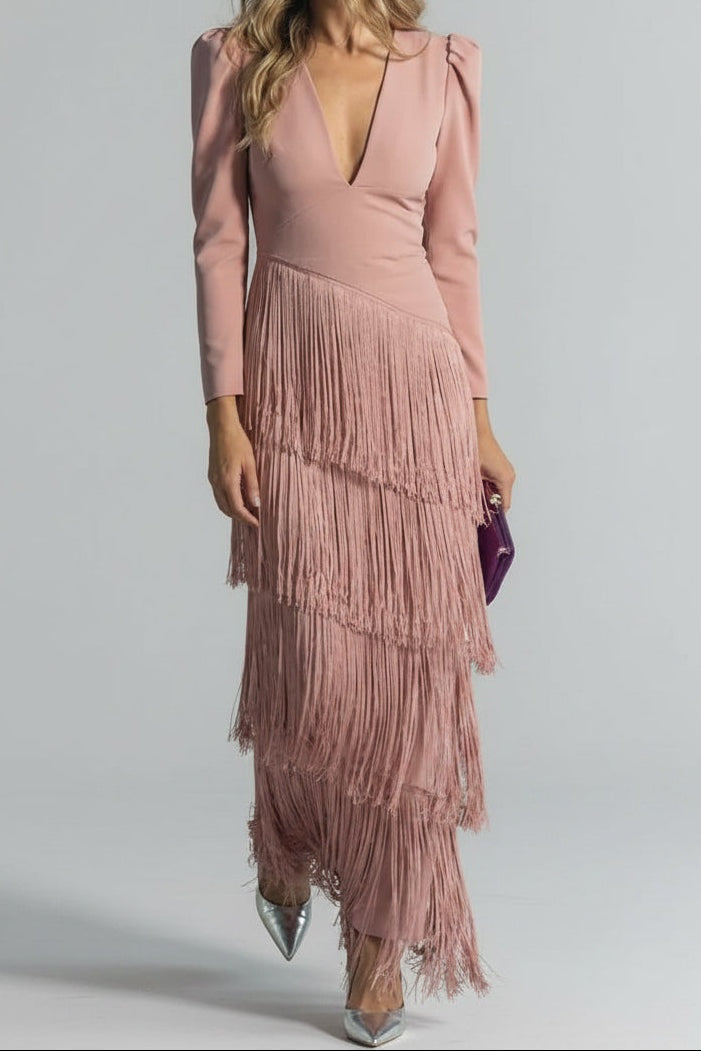 Bella | Women's Long Sleeve Winter Wedding Guest Dress Maxi Fringe
