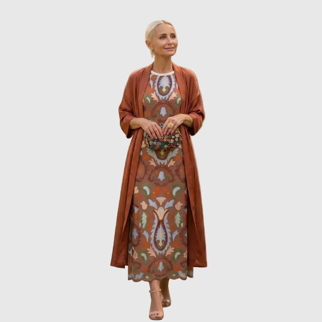 Ellie | Women's Printed Midi Winter Wedding Guest Dress with Matching Duster