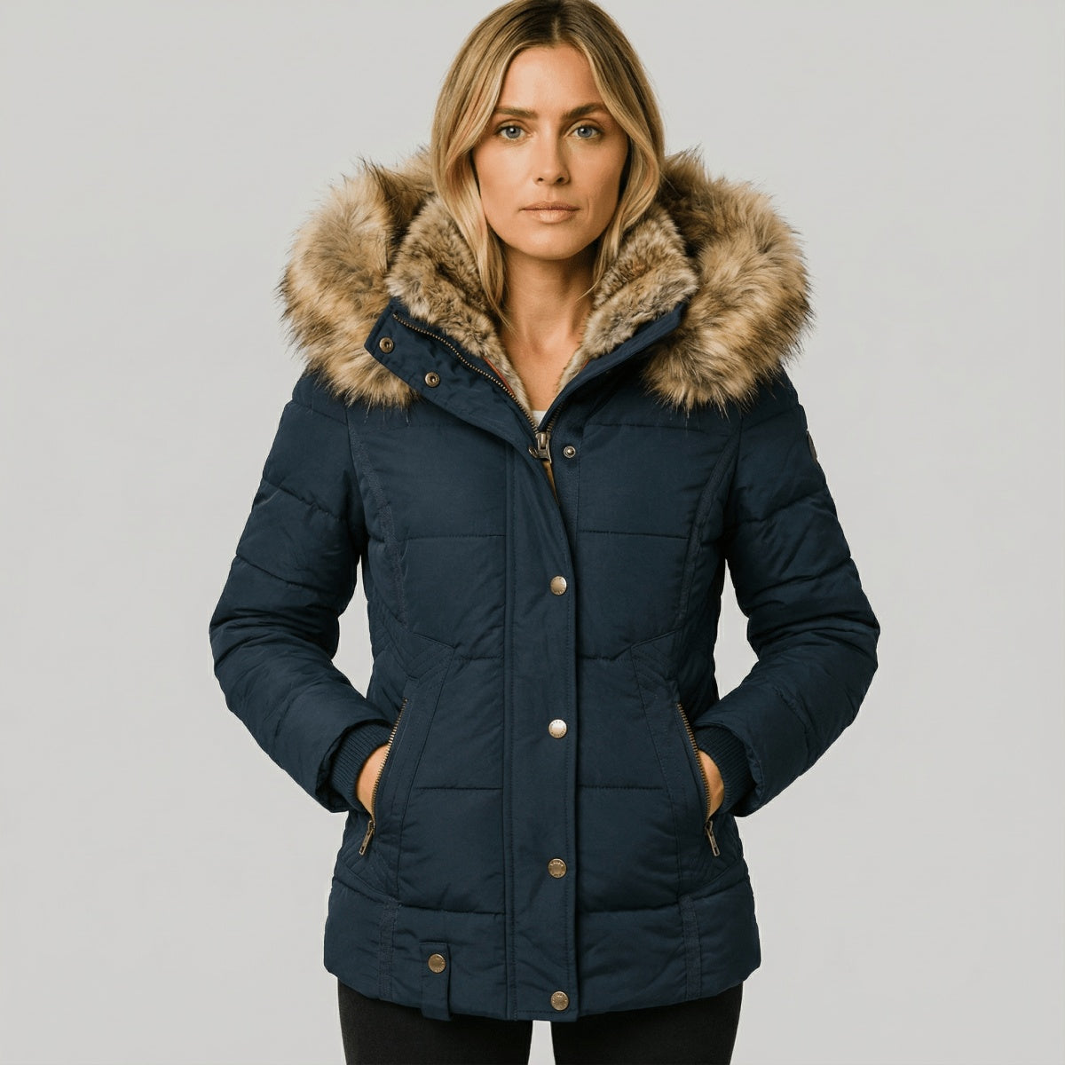 Madeline | Women's Quilted Puffer Coat Faux Fur Hood Slim Fit
