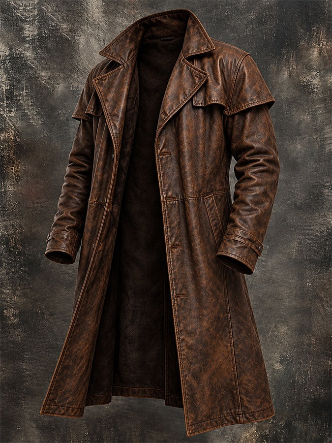 Daniel | Men's Leather Duster Coat Long Trench with Cape Shoulder