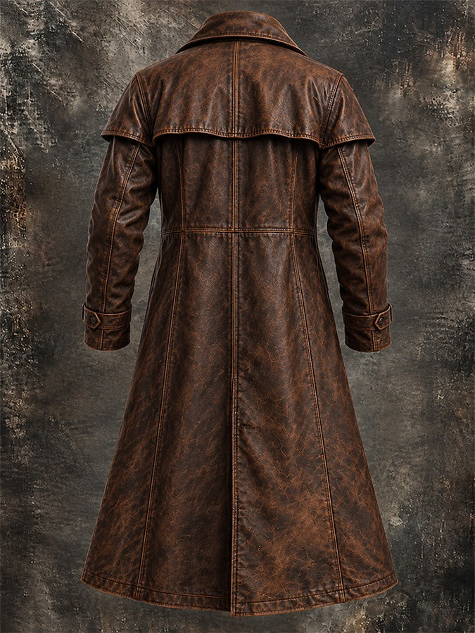 Daniel | Men's Leather Duster Coat Long Trench with Cape Shoulder