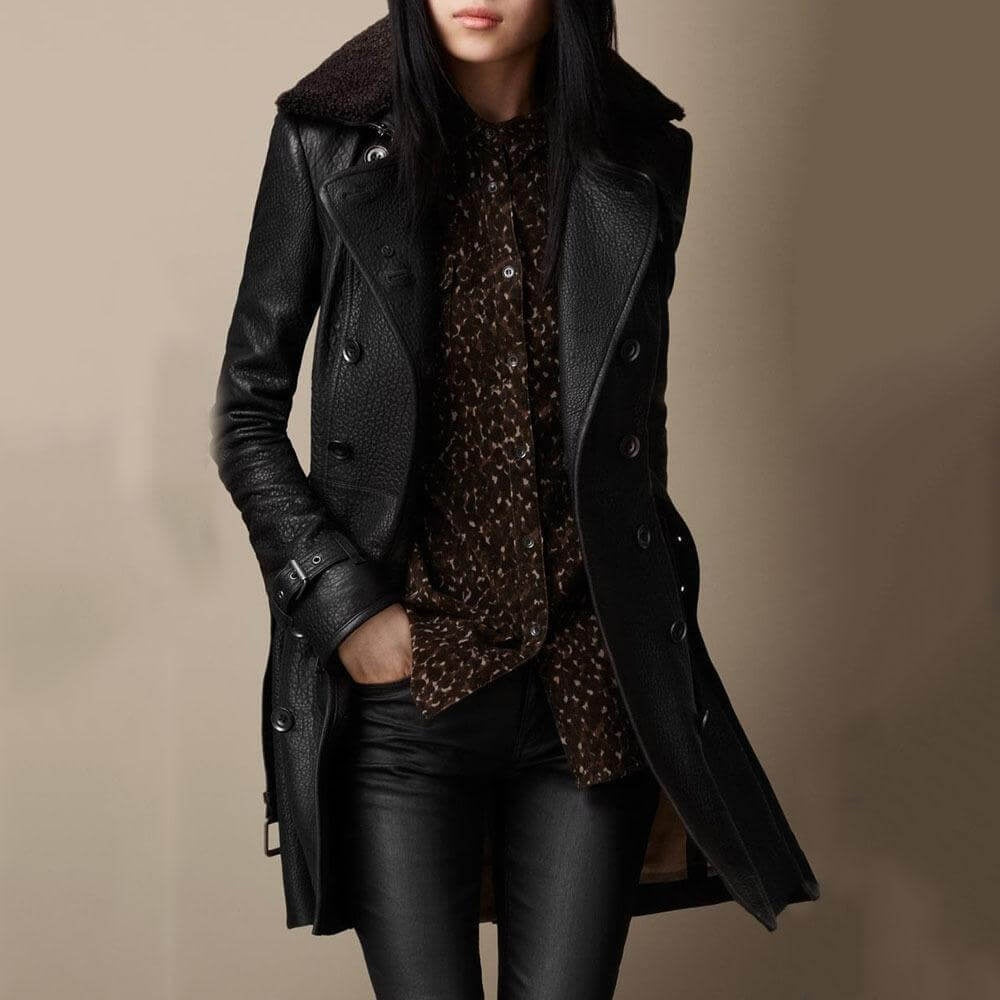Eva | Women's Long Leather Coat Sherpa Collar Double Breasted