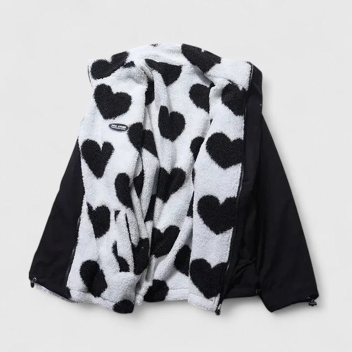 Ella | Women's Fluffy Teddy Jacket Heart Print Zip Up