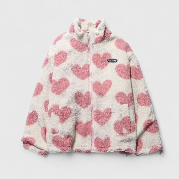 Ella | Women's Fluffy Teddy Jacket Heart Print Zip Up