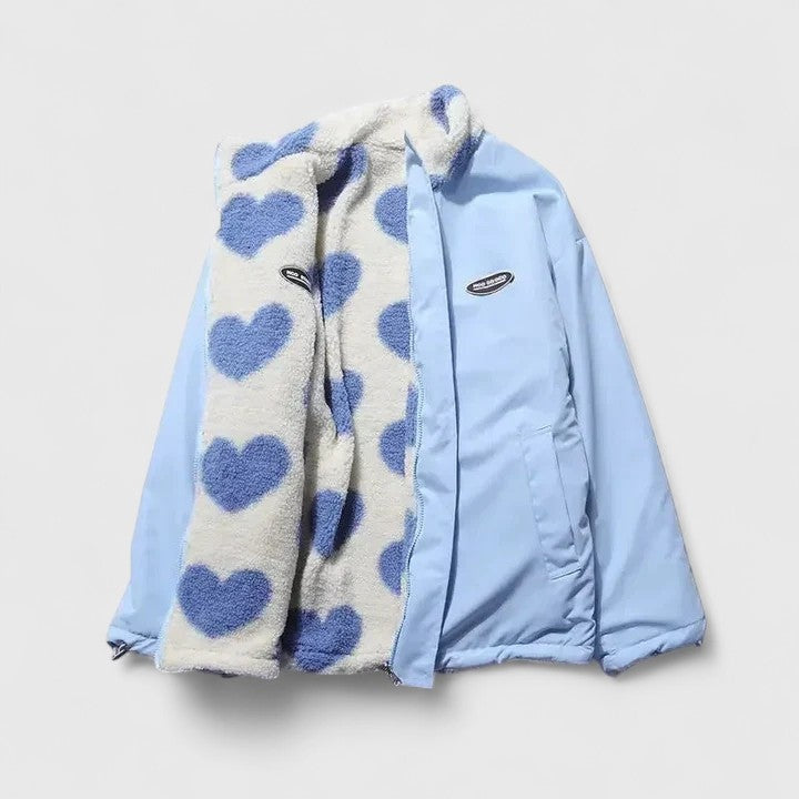 Ella | Women's Fluffy Teddy Jacket Heart Print Zip Up