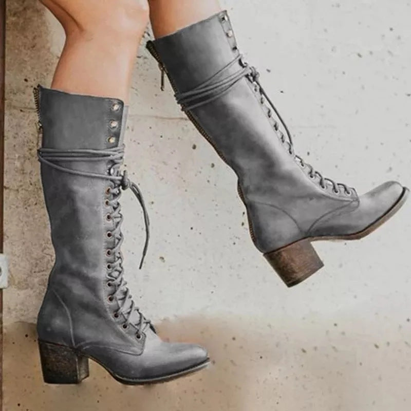 Diana | Women's Leather Lace Up Boots Knee High Heeled