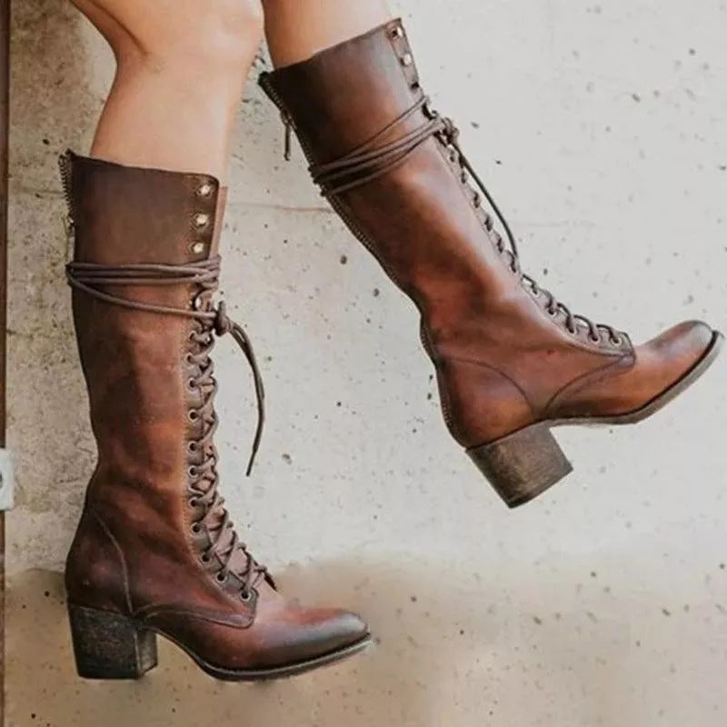 Diana | Women's Leather Lace Up Boots Knee High Heeled