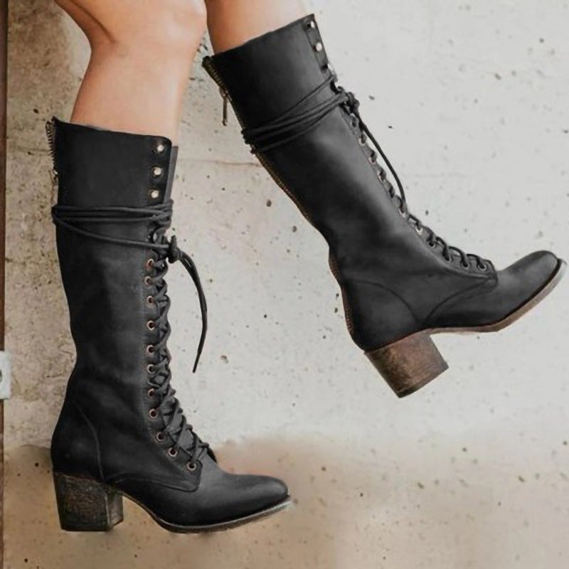 Diana | Women's Leather Lace Up Boots Knee High Heeled