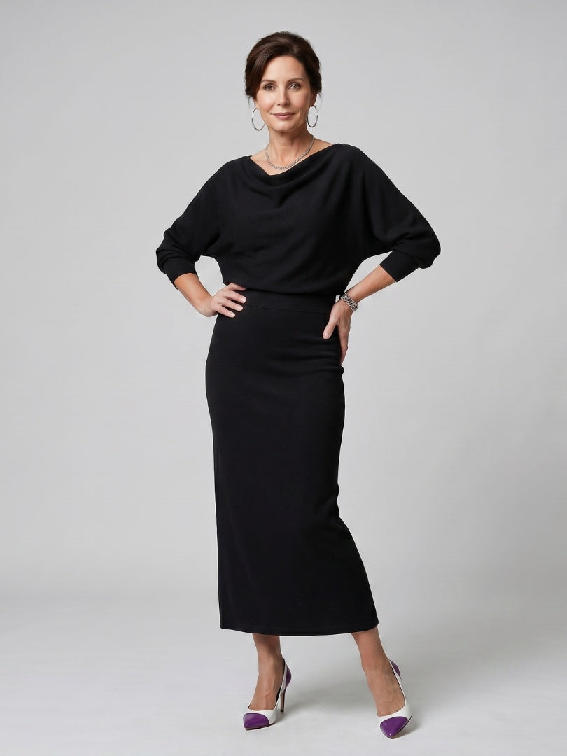 Alyssa | Women's Knit Midi Party Dress Long Sleeve Draped Neckline