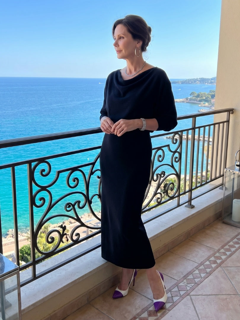 Alyssa | Women's Knit Midi Party Dress Long Sleeve Draped Neckline