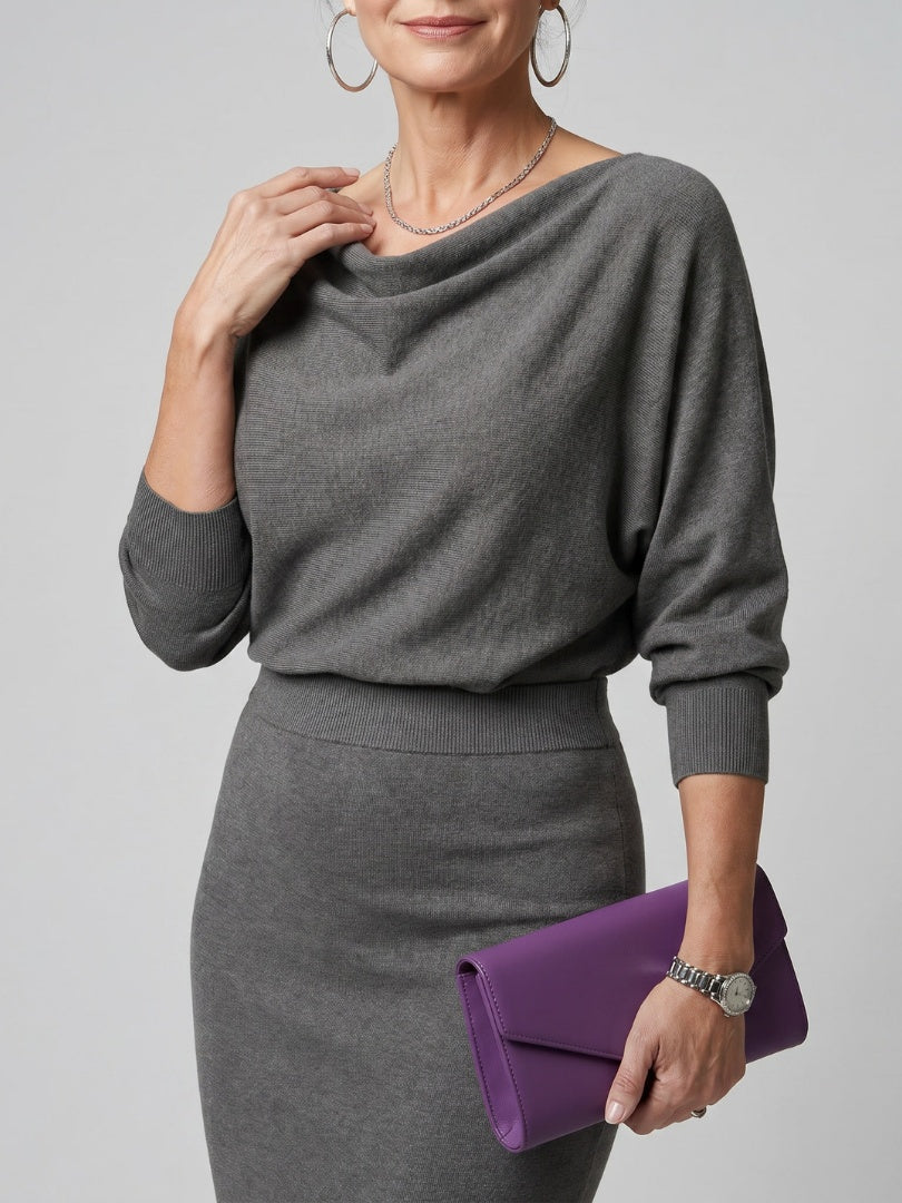 Alyssa | Women's Knit Midi Party Dress Long Sleeve Draped Neckline