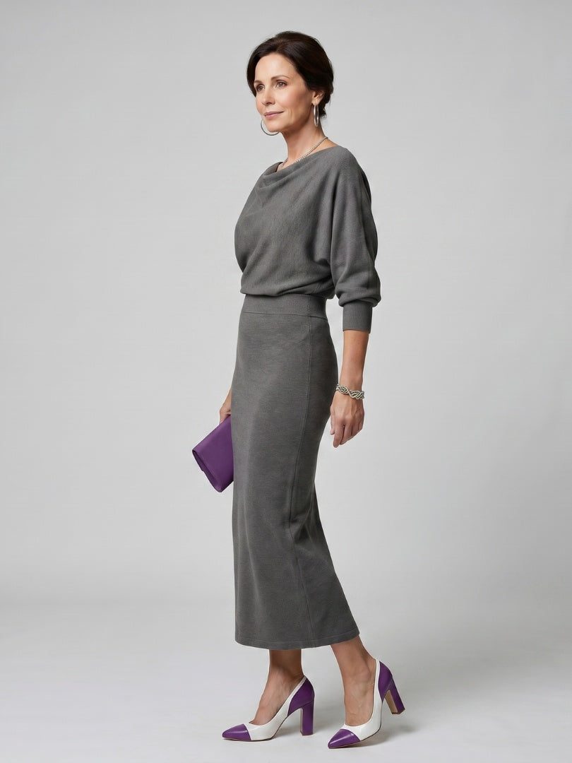 Alyssa | Women's Knit Midi Party Dress Long Sleeve Draped Neckline