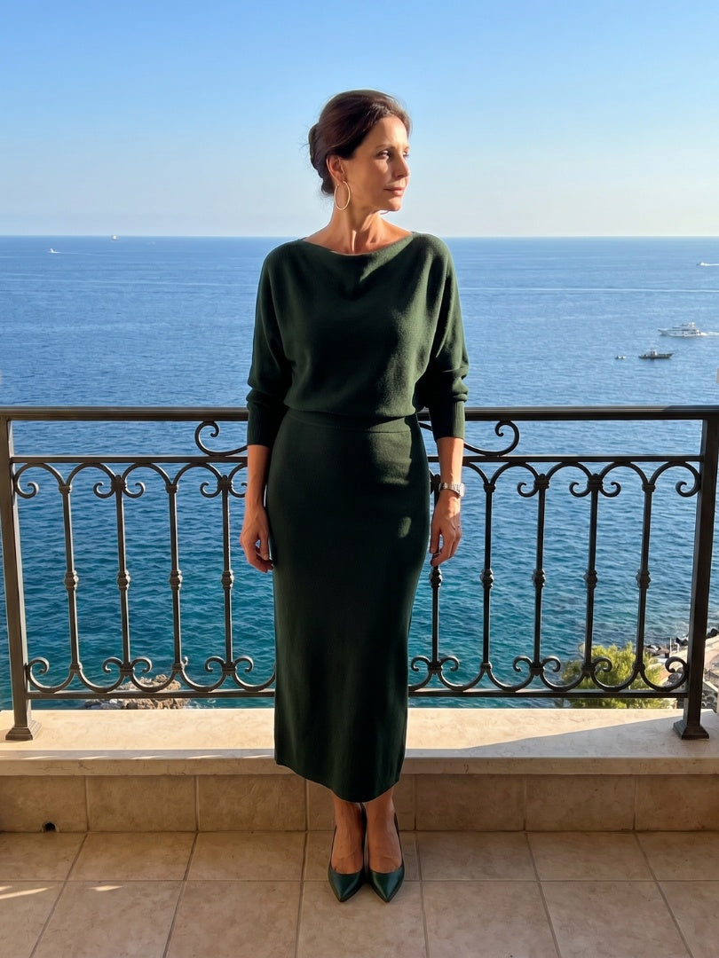 Alyssa | Women's Knit Midi Party Dress Long Sleeve Draped Neckline