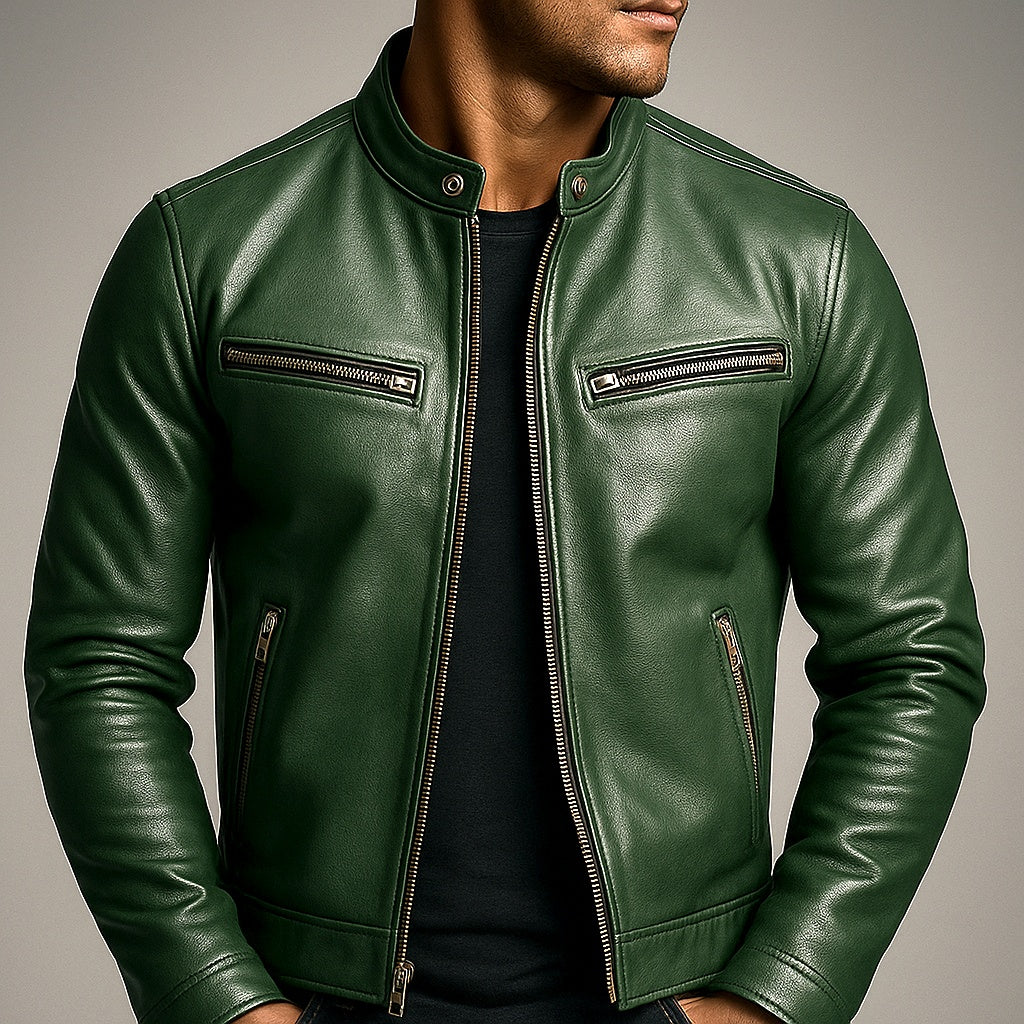Ethan | Men's Leather Jacket with Band Collar and Zip Pockets