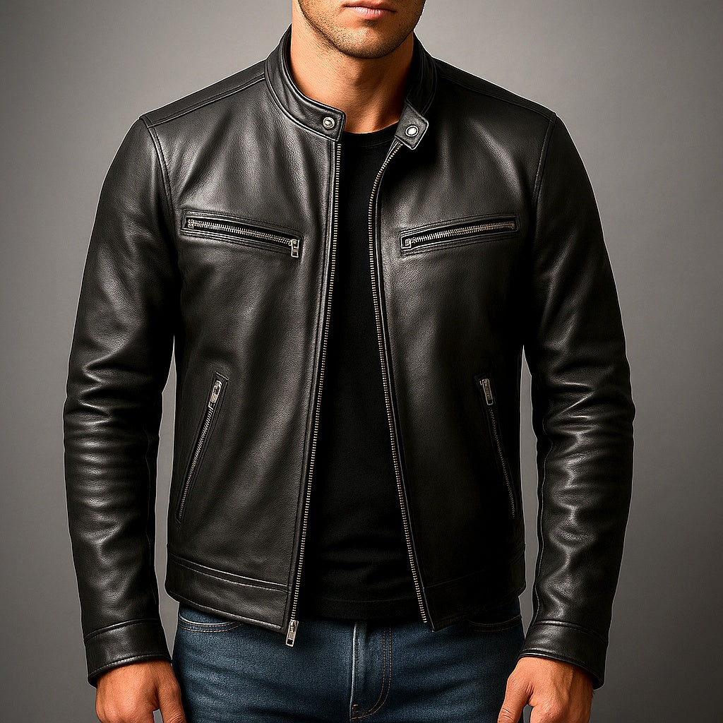 Ethan | Men's Leather Jacket with Band Collar and Zip Pockets