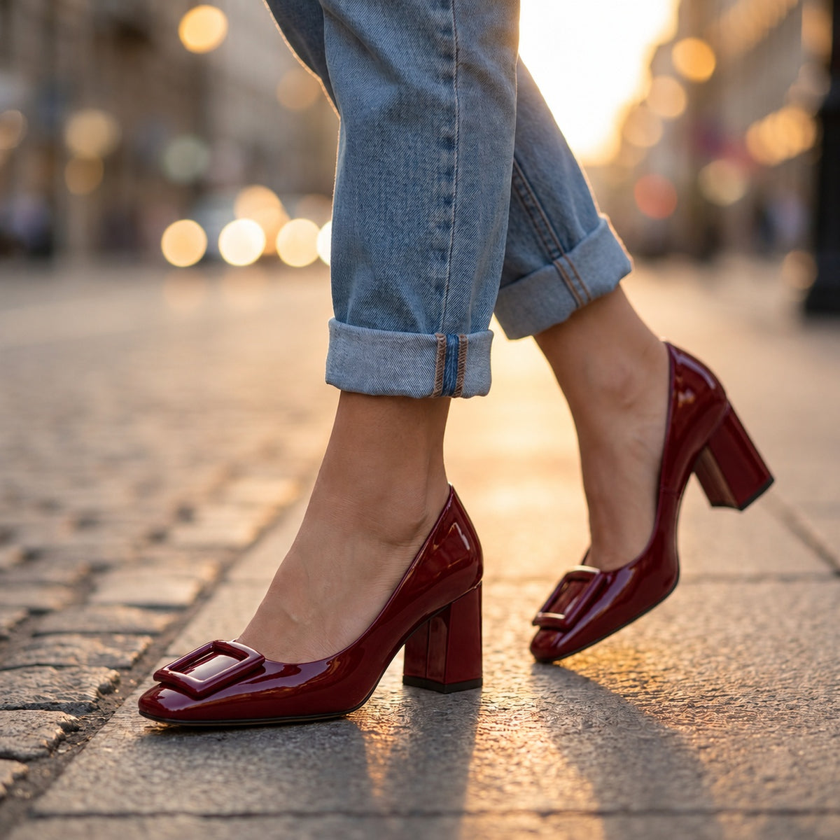 Hannah | Women's Patent-Look Square Toe Pumps with Buckle