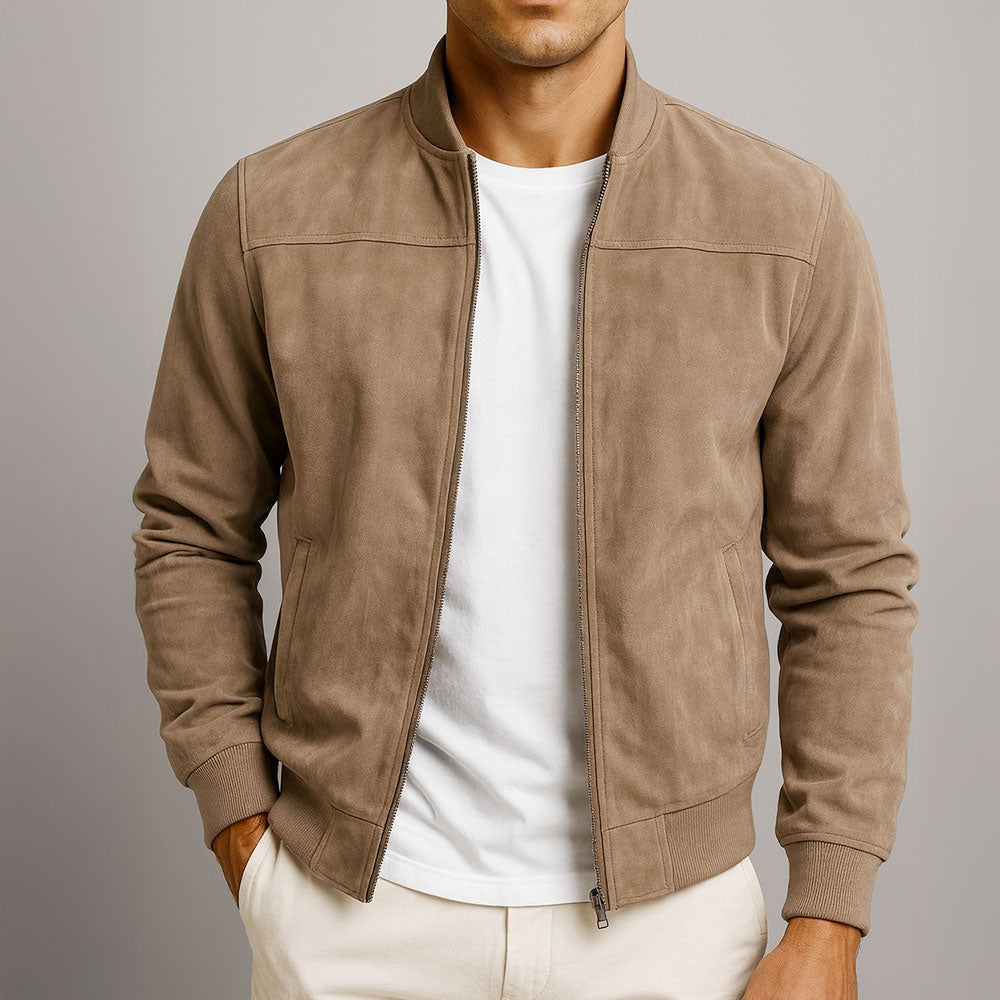 James | Men's Suede Bomber Jacket with Ribbed Cuffs Zip-Up
