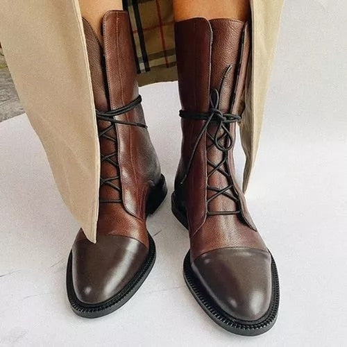 Michelle | Women's Flat Leather Combat Boots Lace Up Mid Calf