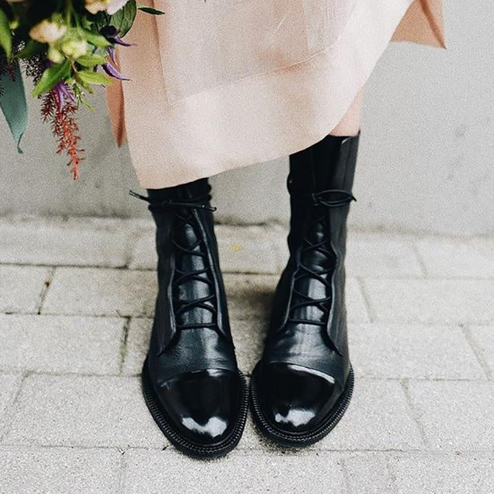 Michelle | Women's Flat Leather Combat Boots Lace Up Mid Calf