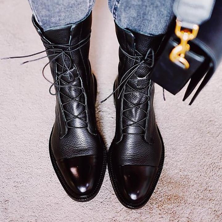 Michelle | Women's Flat Leather Combat Boots Lace Up Mid Calf