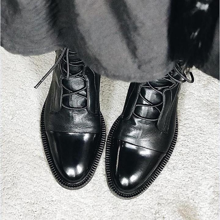 Michelle | Women's Flat Leather Combat Boots Lace Up Mid Calf