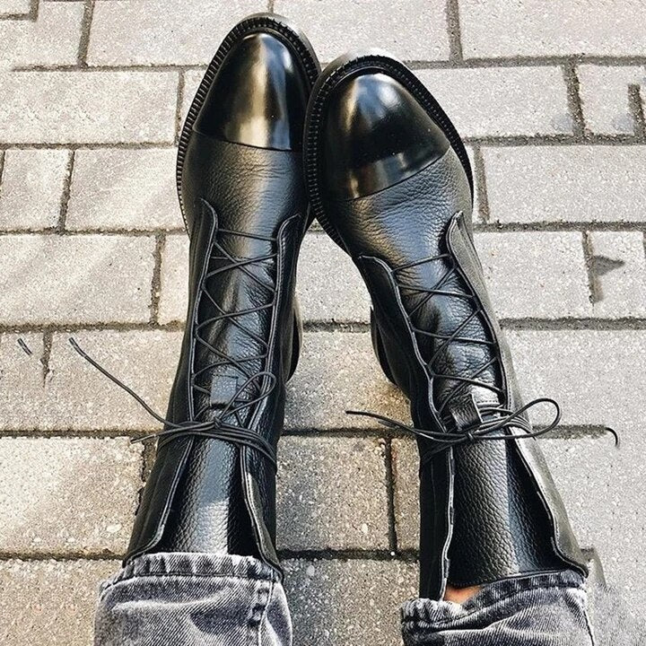 Michelle | Women's Flat Leather Combat Boots Lace Up Mid Calf