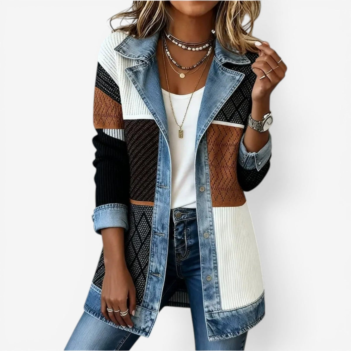 Naomi | Women's Denim Jacket Knit Sleeves Fall
