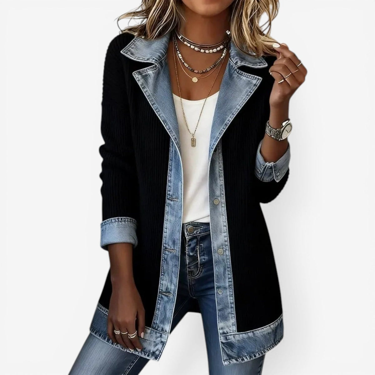 Naomi | Women's Denim Jacket Knit Sleeves Fall