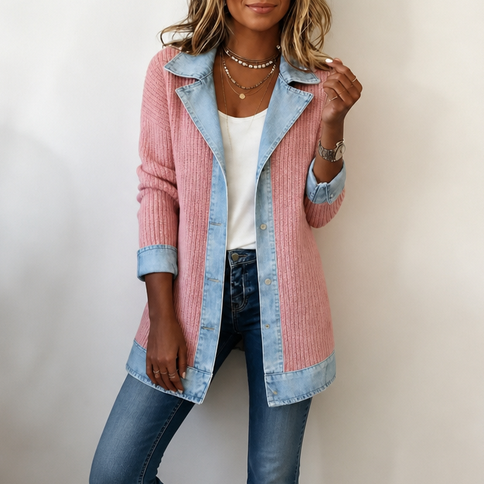 Lillian | Women's Long Cardigan Sweater Ribbed Knit with Denim Trim