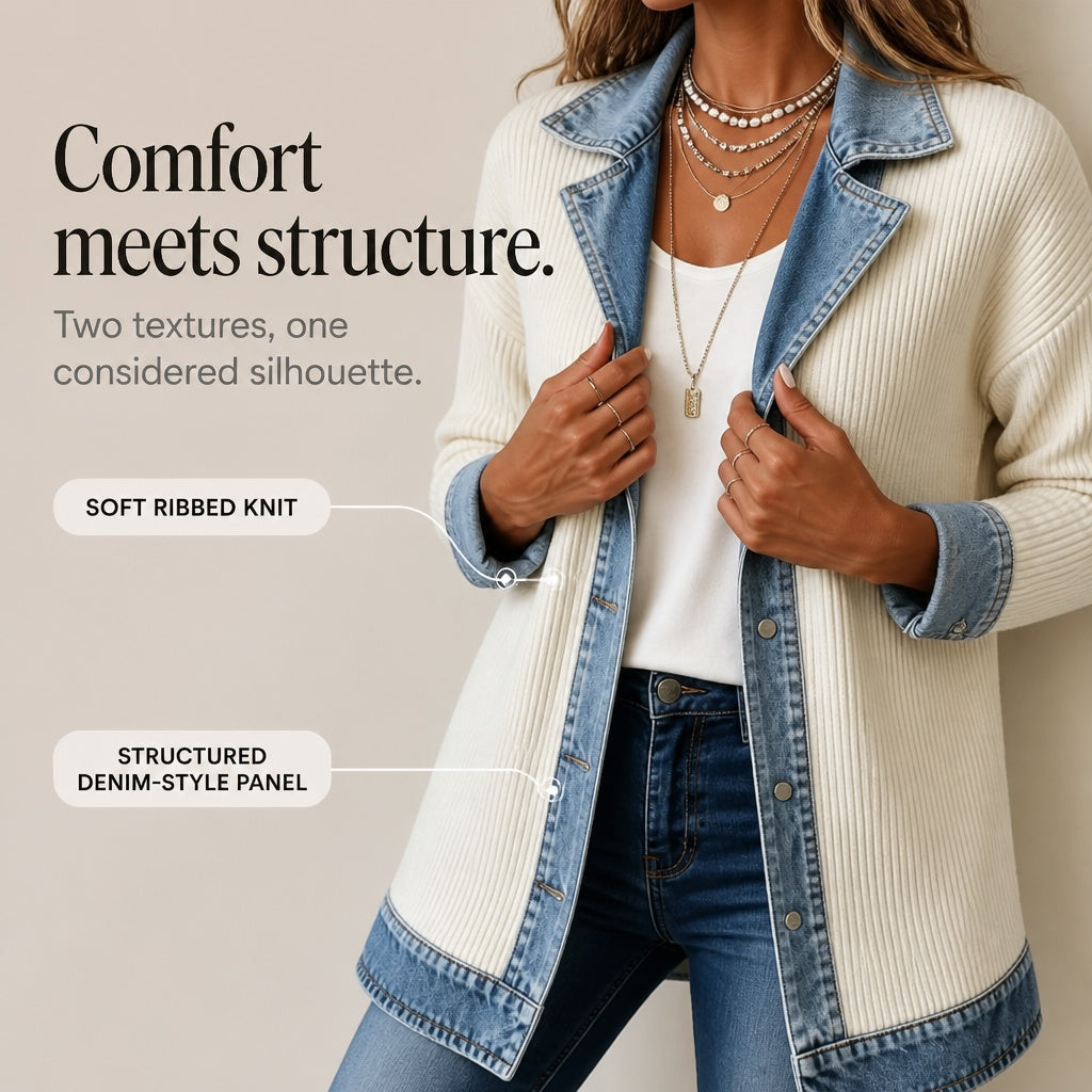 Lillian | Women's Long Cardigan Sweater Ribbed Knit with Denim Trim