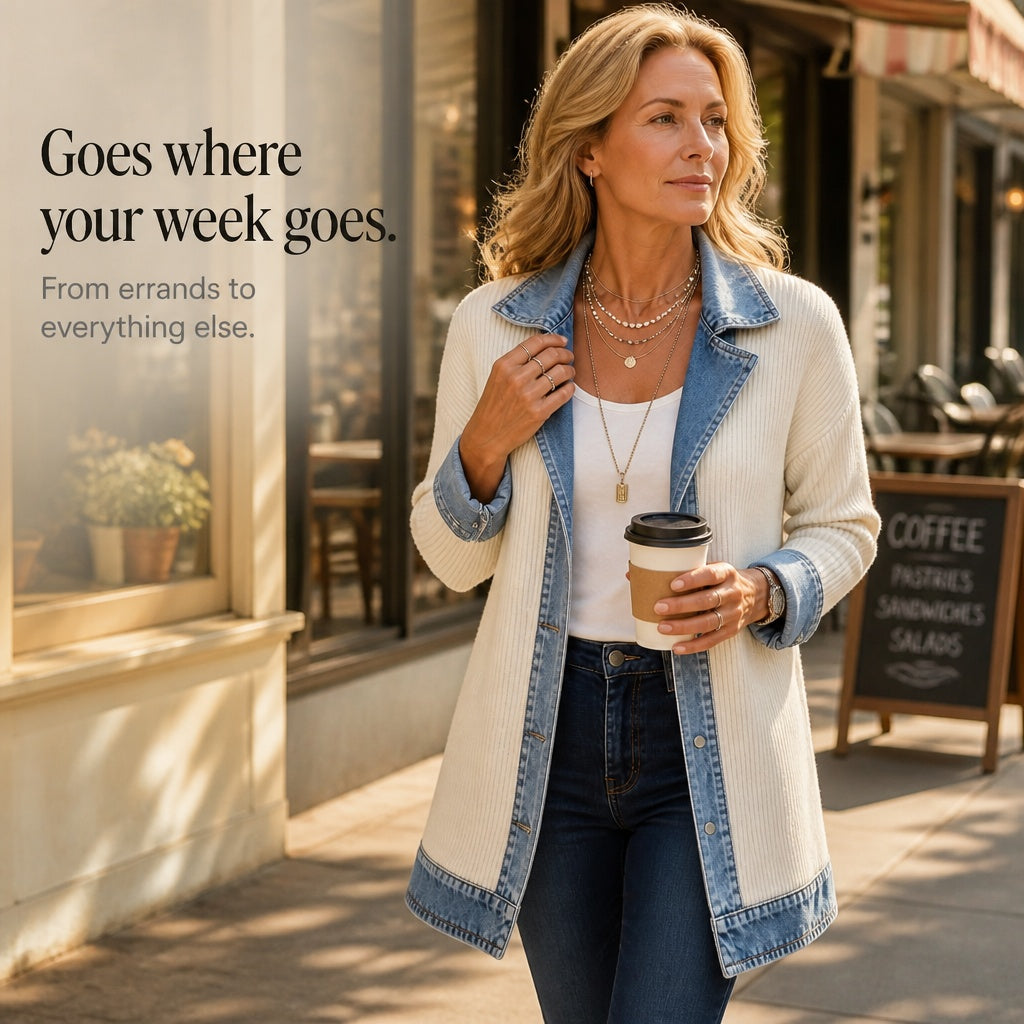 Lillian | Women's Long Cardigan Sweater Ribbed Knit with Denim Trim