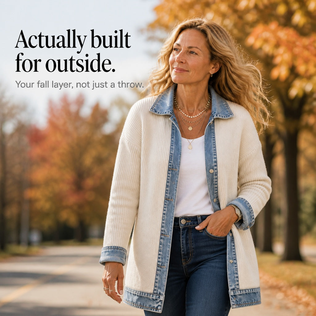 Lillian | Women's Long Cardigan Sweater Ribbed Knit with Denim Trim