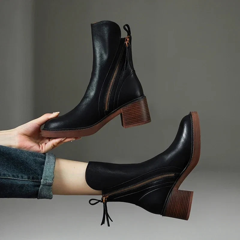 Rachel | Women's Leather Ankle Boots Block Heel Side Zipper