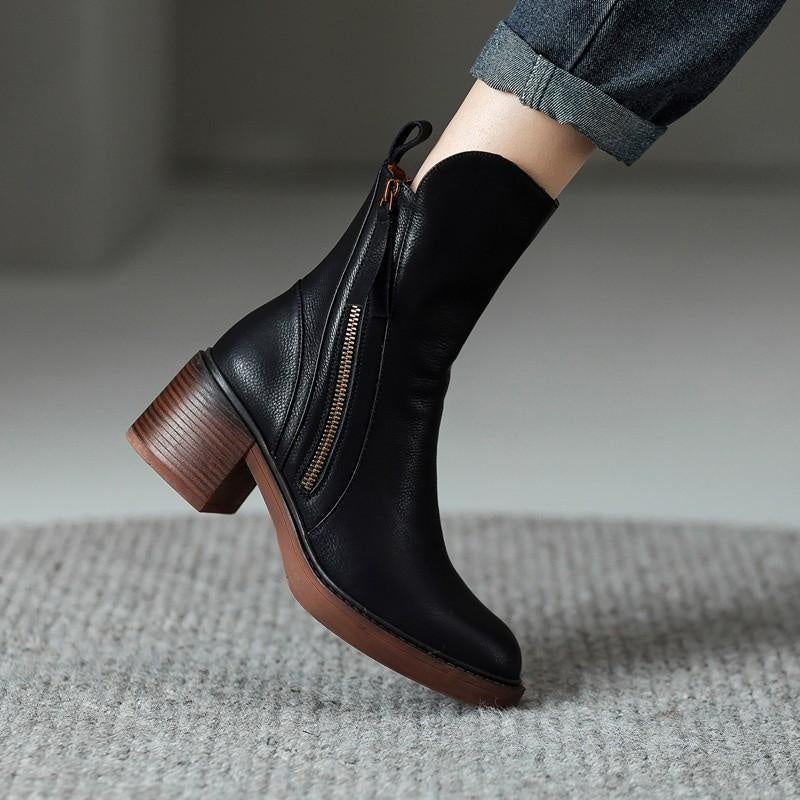 Rachel | Women's Leather Ankle Boots Block Heel Side Zipper