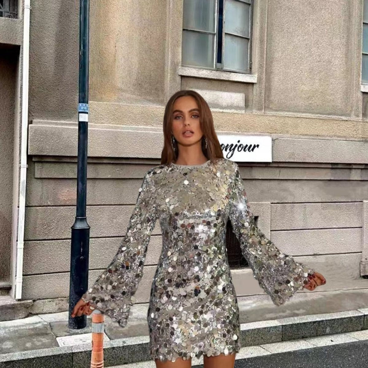 Madison | Women's Long Sleeve Sequin Cocktail Dress Mini